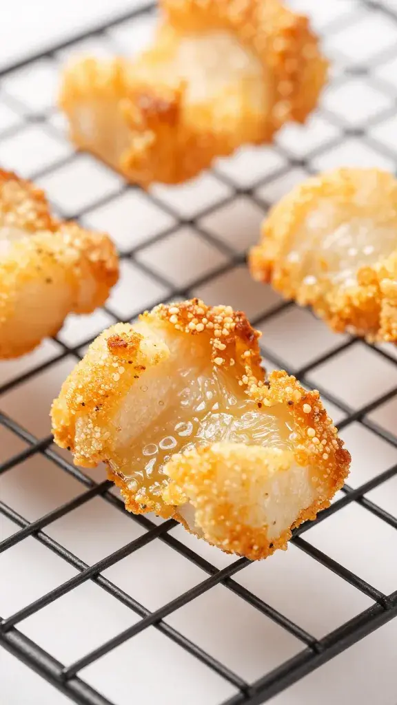 closeup of crispy cod bite on wire rack