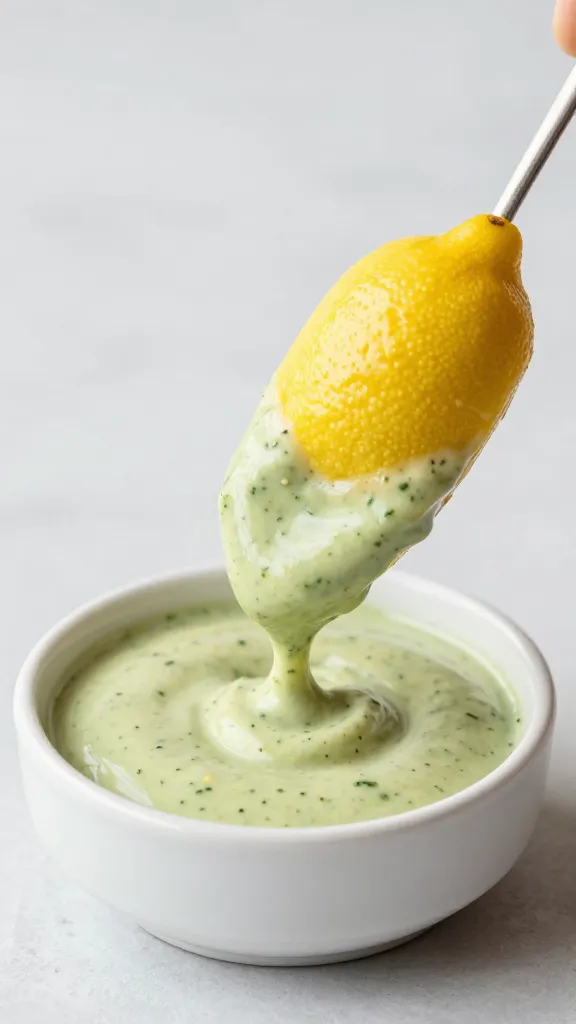 single cod bite dipped in lemon herb sauce