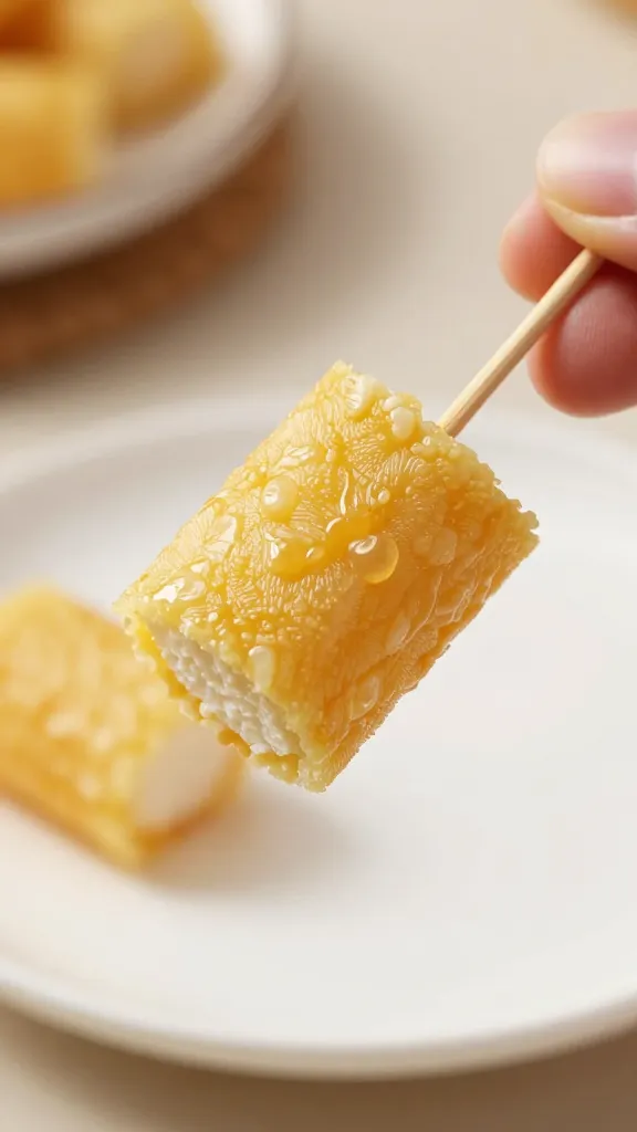 golden cod bite held with toothpick