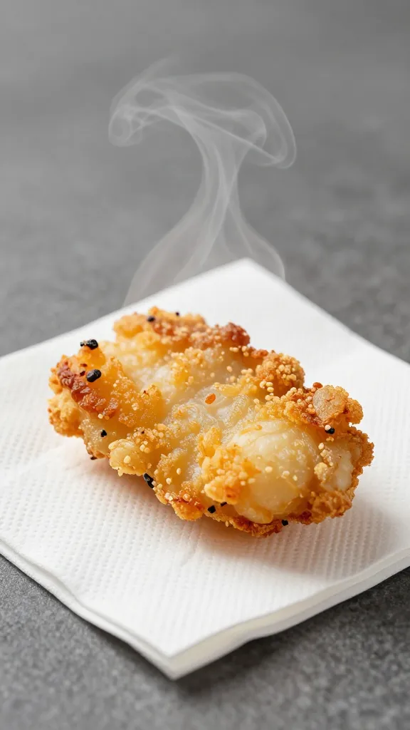 crispy cod bite atop napkin, steam rising