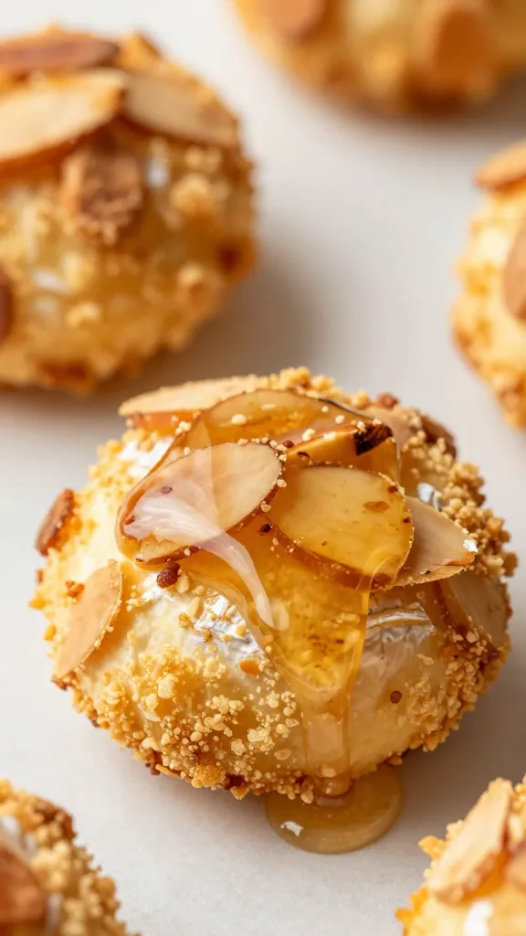 closeup almond-crusted brie bite with honey drizzle
