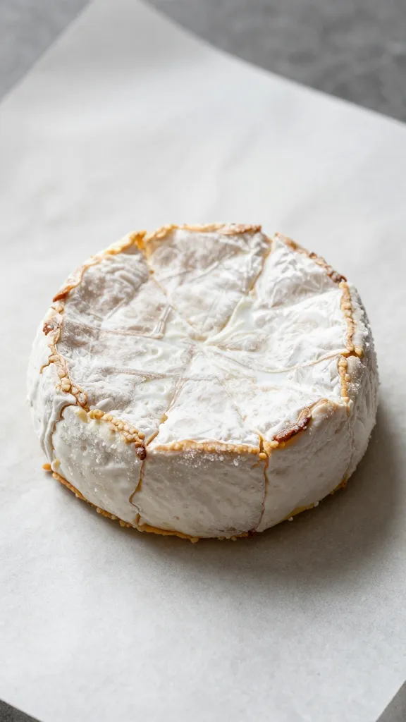 single frozen almond-crusted brie bite on parchment