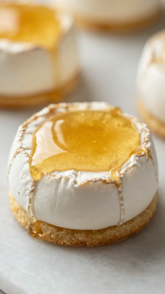 baked brie bite with glossy honey pool, macro