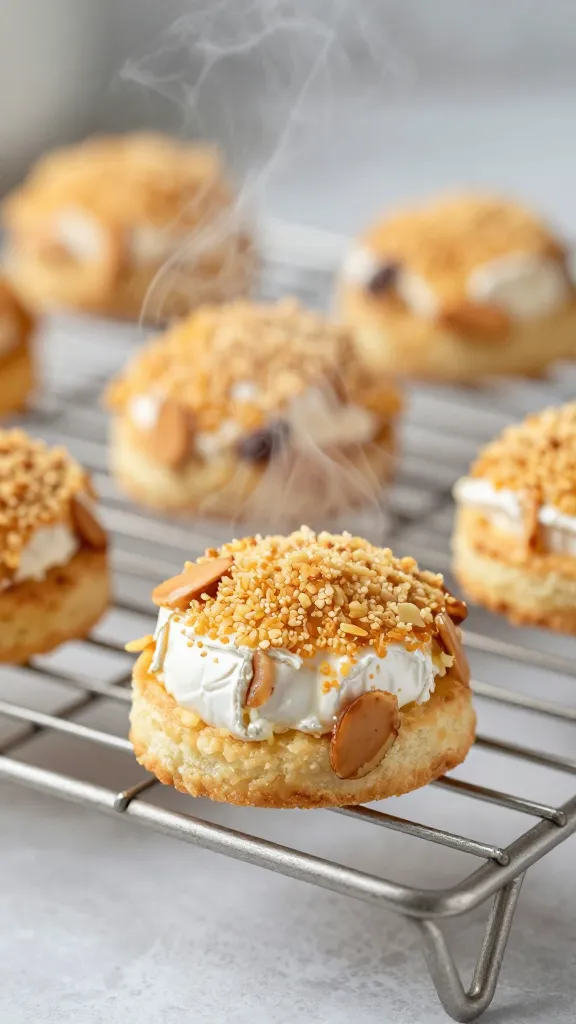 almond-crusted brie bite on wire rack, steam visible