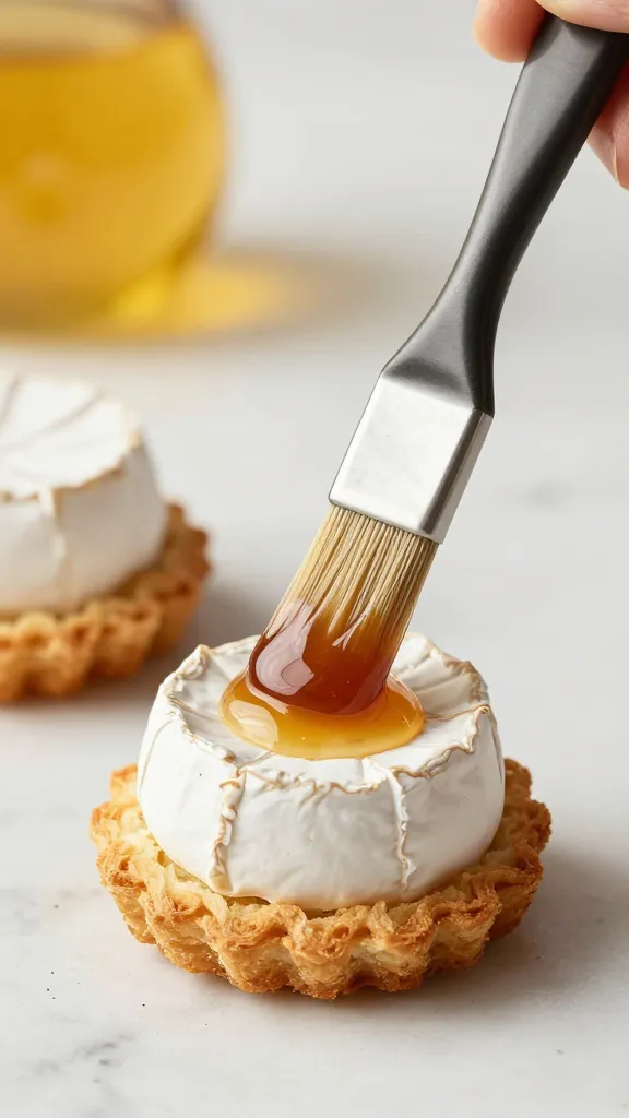honey-dipped pastry brush over one brie bite