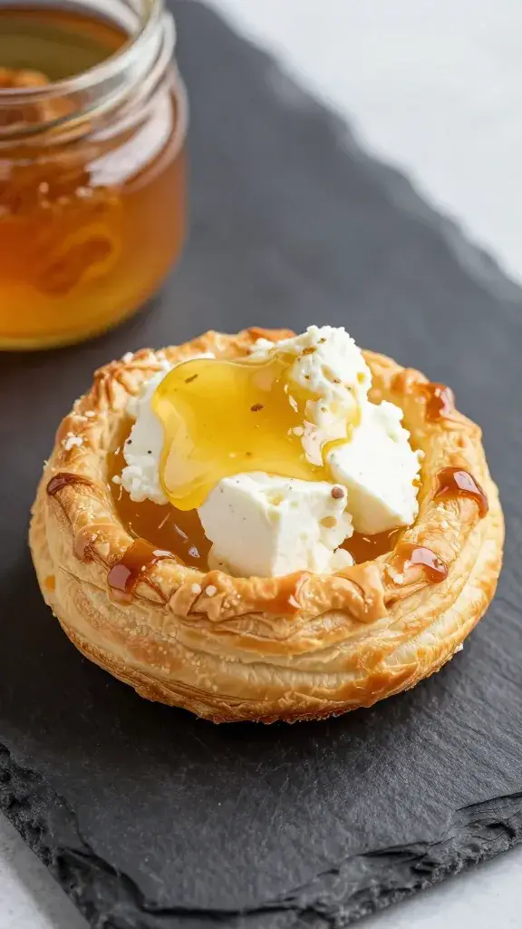 closeup hot honey feta puff pastry cup on slate