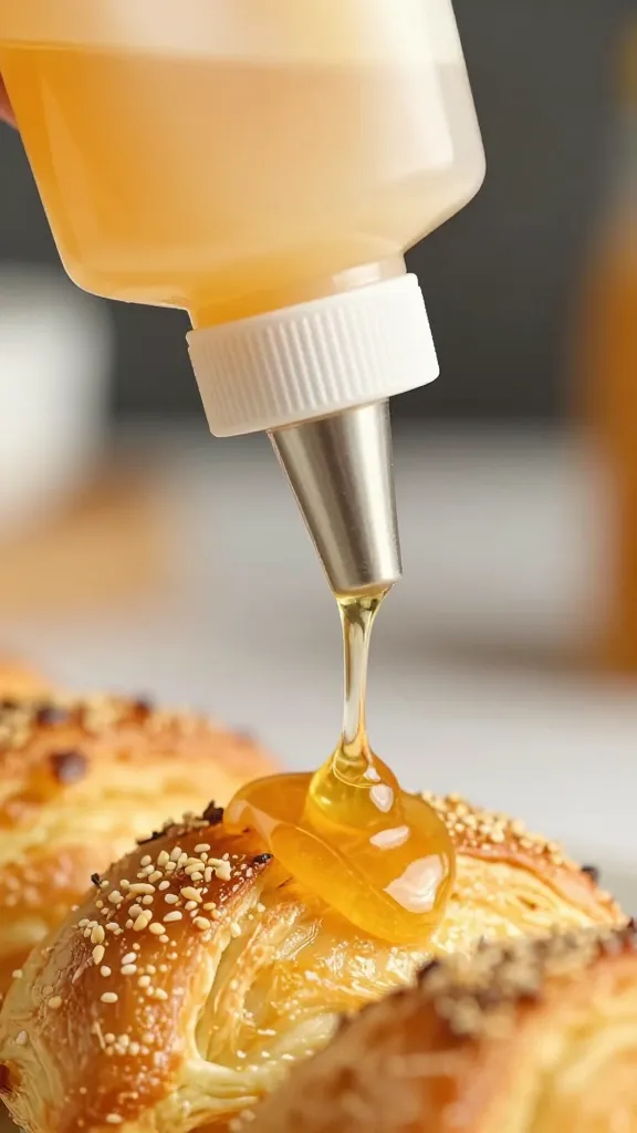 dripping hot honey bottle nozzle closeup over pastry