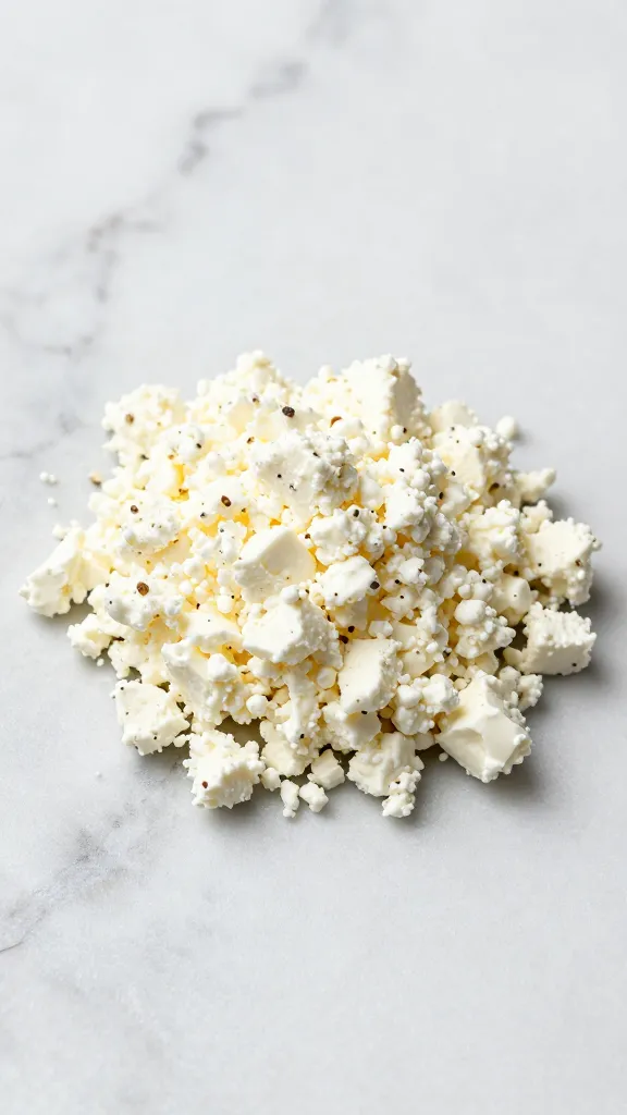 finely crumbled feta mound on marble surface
