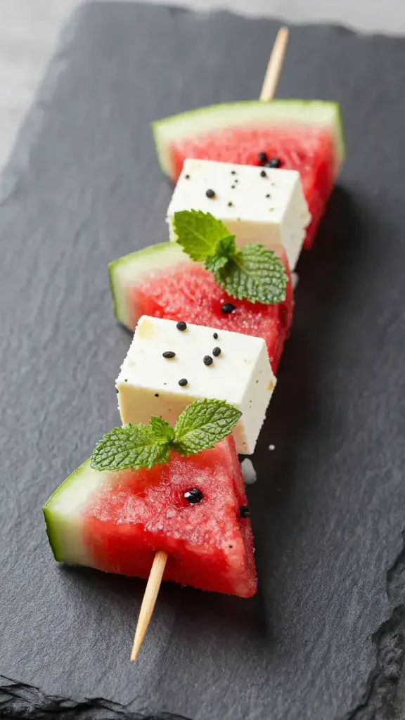 closeup of single watermelon feta mint skewer on slate