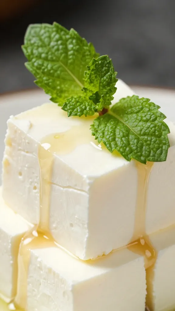 macro shot of feta cube with mint leaf and drizzle