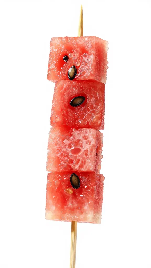 single seedless watermelon cube skewered on bamboo pick