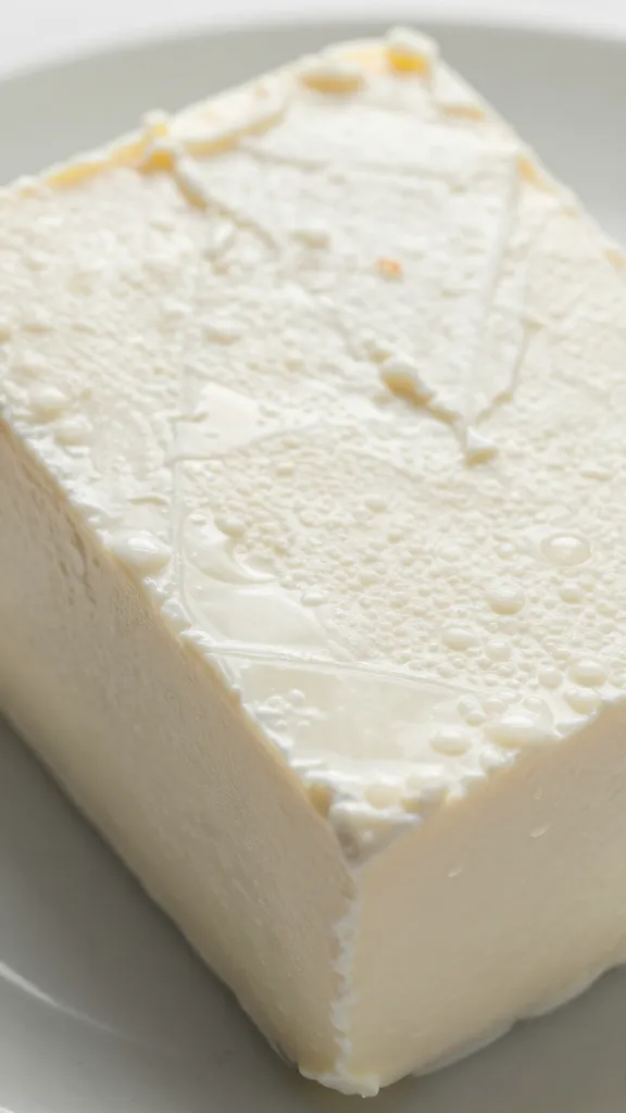 detail of chilled feta block with condensation on surface