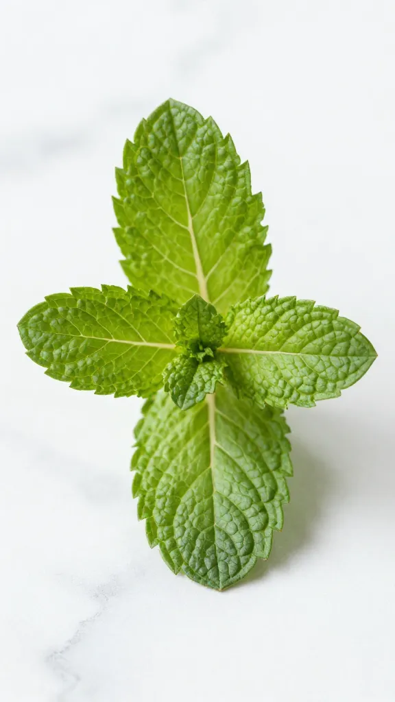 closeup of fresh mint sprig on white marble