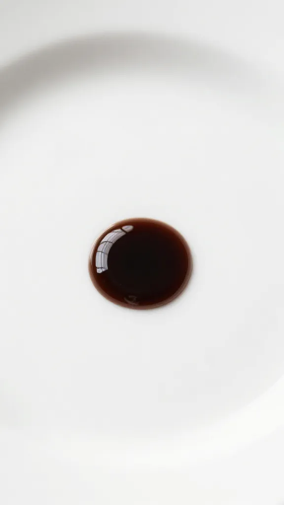single balsamic droplet on white plate, glossy highlight