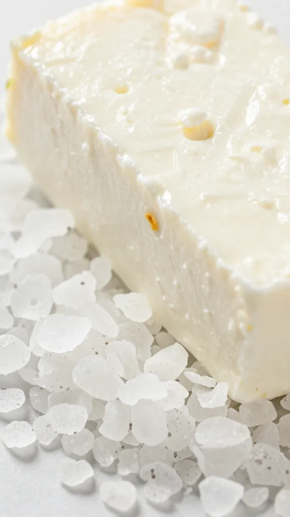 sea salt flakes on feta corner, extreme closeup