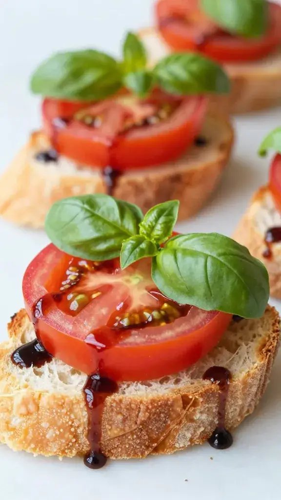 closeup tomato basil crostini with balsamic glaze drizzle