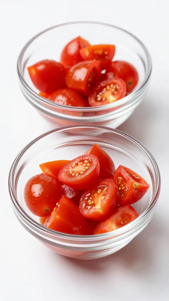 diced cherry tomatoes in small glass prep bowl