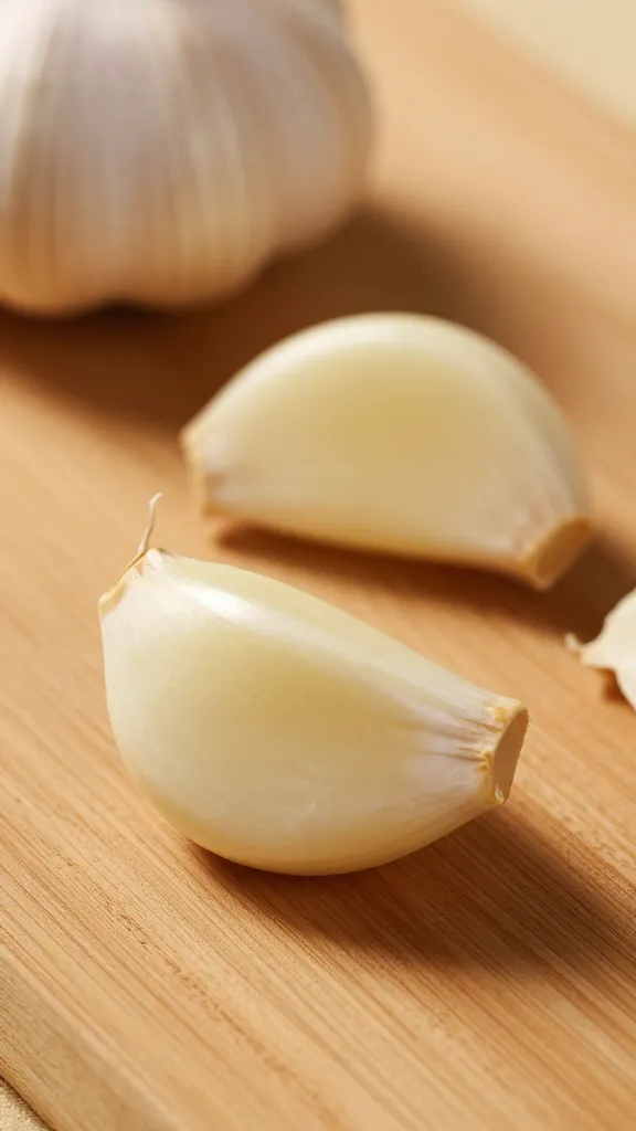 garlic clove cut side up on wooden board
