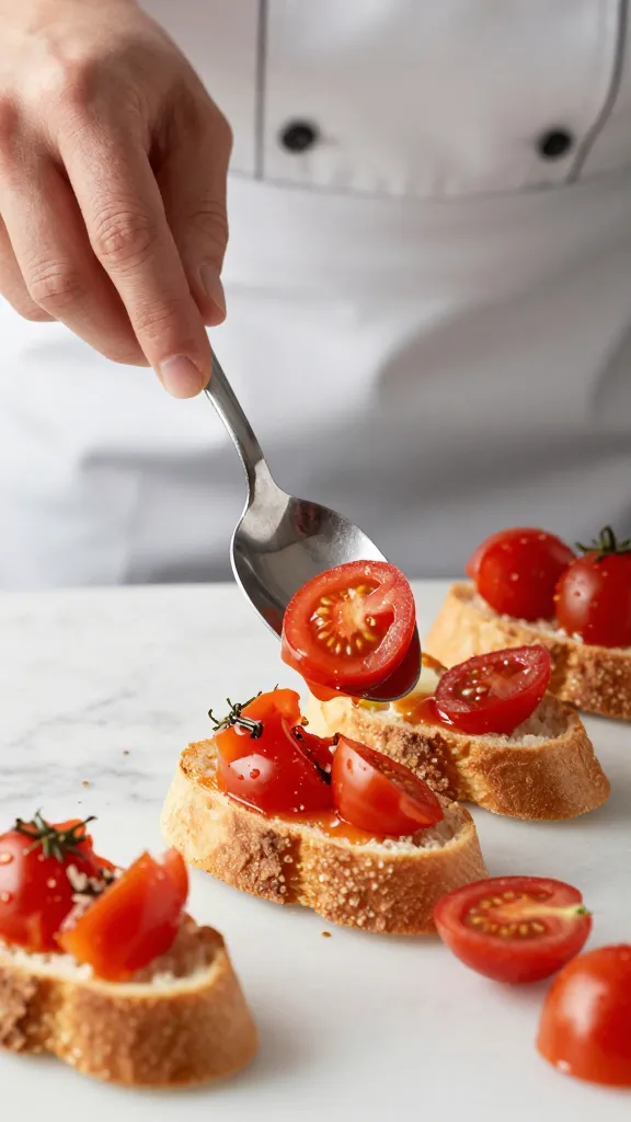 chef hand spooning tomatoes onto one crostini
