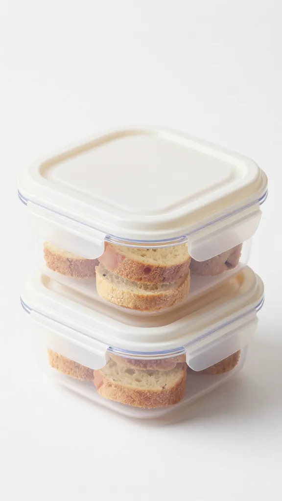 compact travel container holding assembled crostini, sealed lid