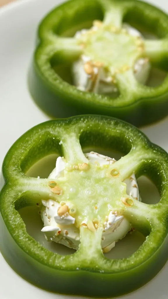 sliced jalapeño half filled with brie, uncooked closeup