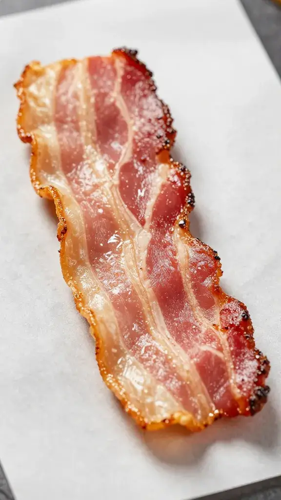 crispy bacon strip on parchment, glistening closeup