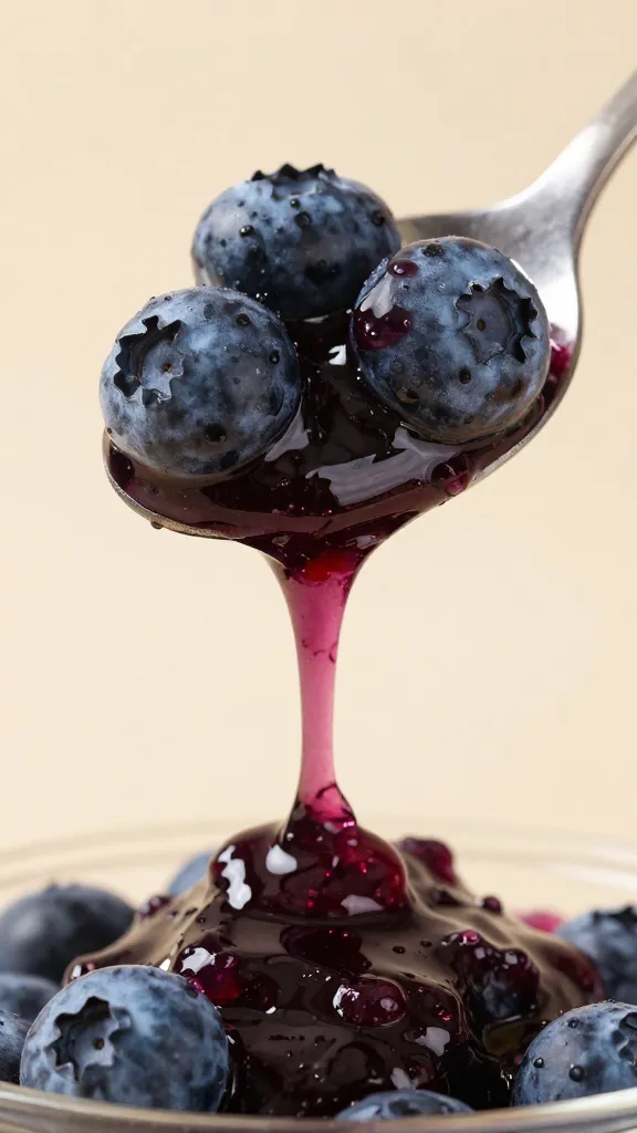 spoonful of blueberry jam dripping, macro shot