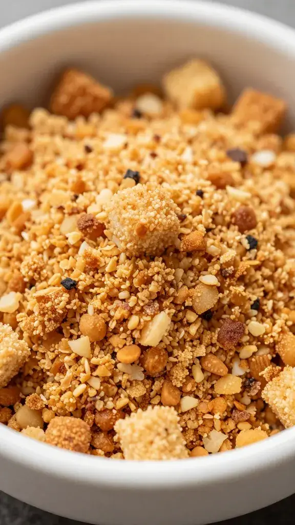 toasted breadcrumb topping in small bowl, closeup