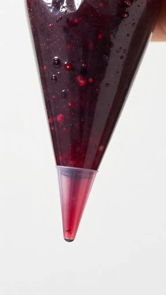 piping bag tip filled with blueberry jam, macro shot
