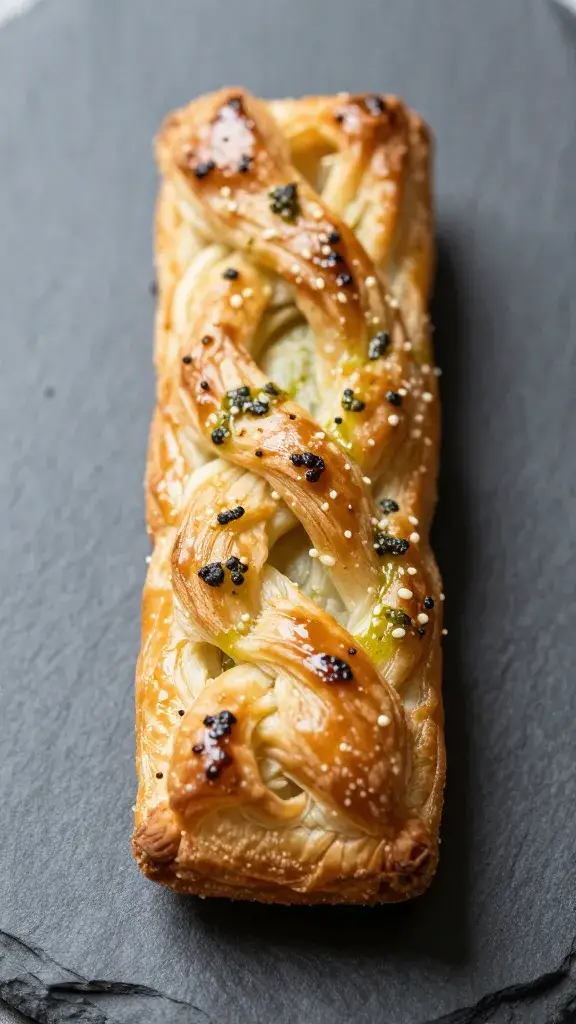 closeup of a single pesto puff pastry twist on slate