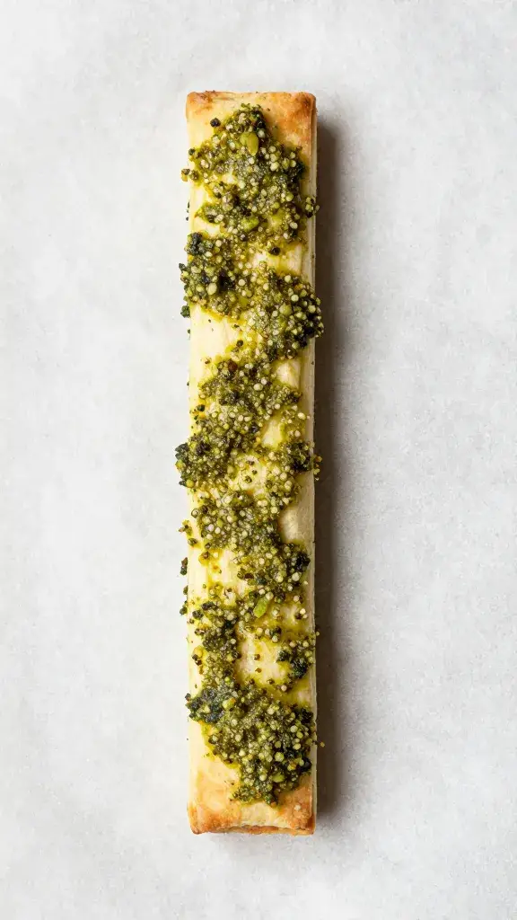overhead of one pesto-coated pastry strip on parchment