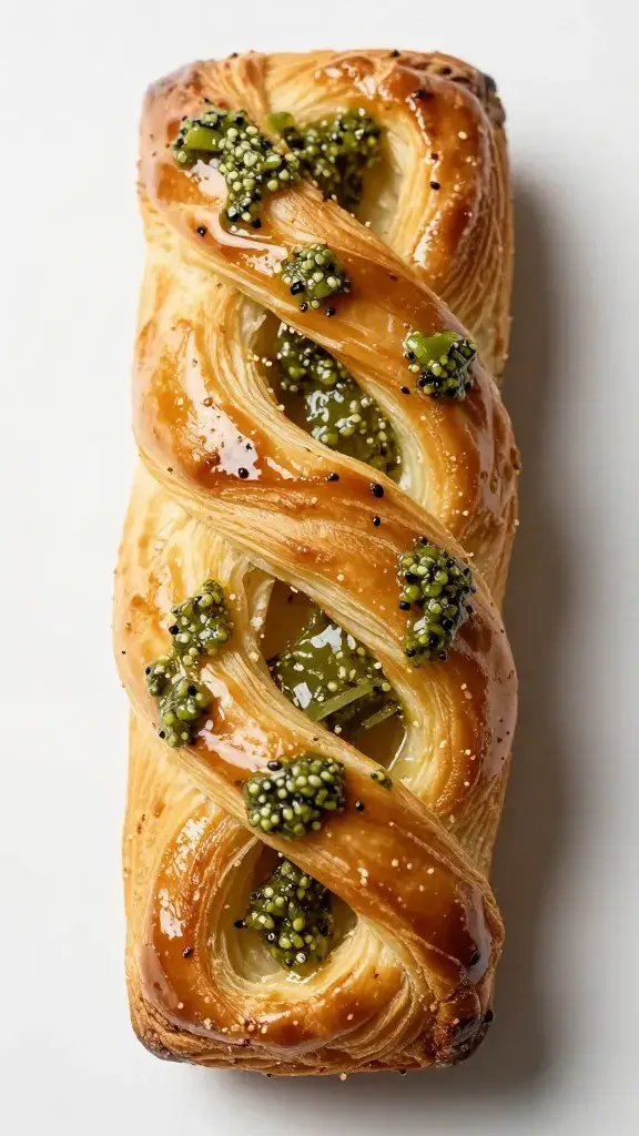 single twisted pastry dipped in pesto glaze closeup