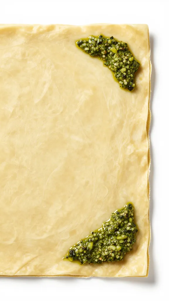 raw puff pastry sheet with pesto spread, corner detail