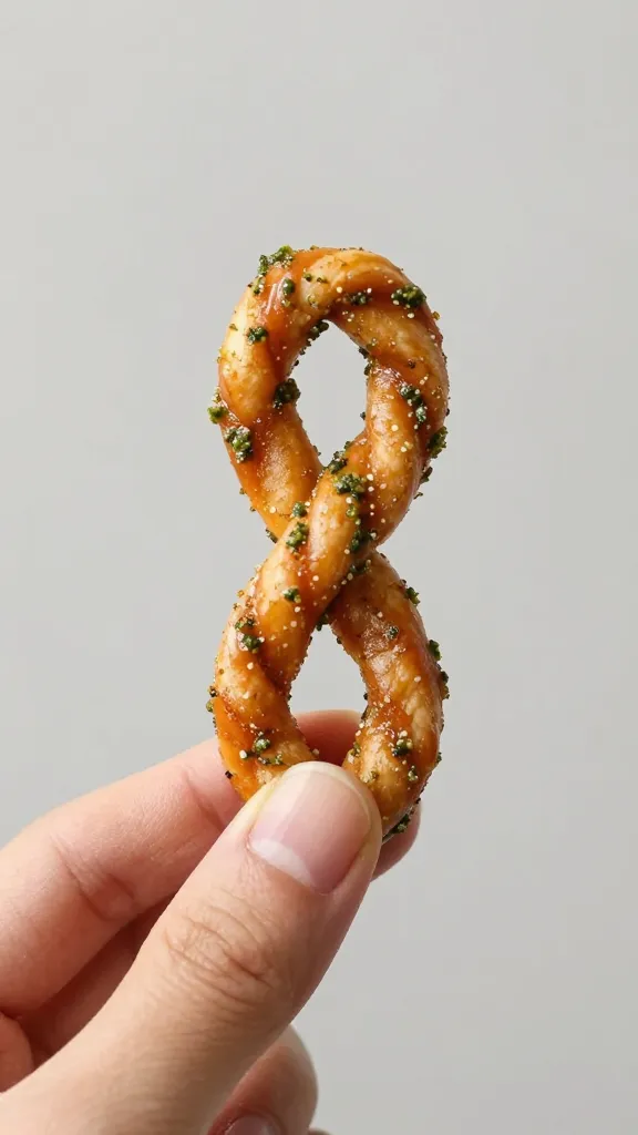 hand holding one crispy pesto twist against neutral backdrop