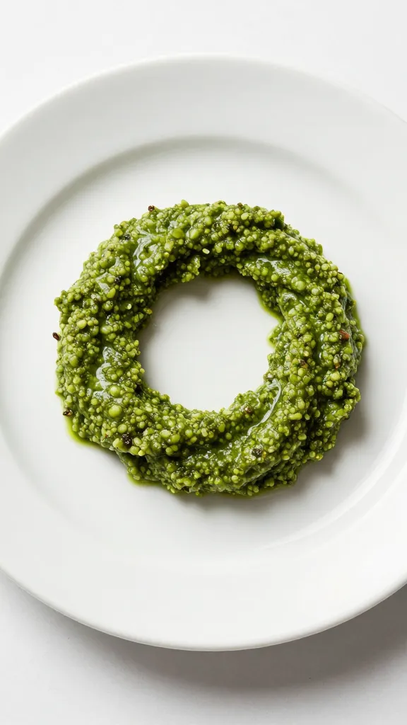 single pesto twist on white ceramic plate, crumbs visible