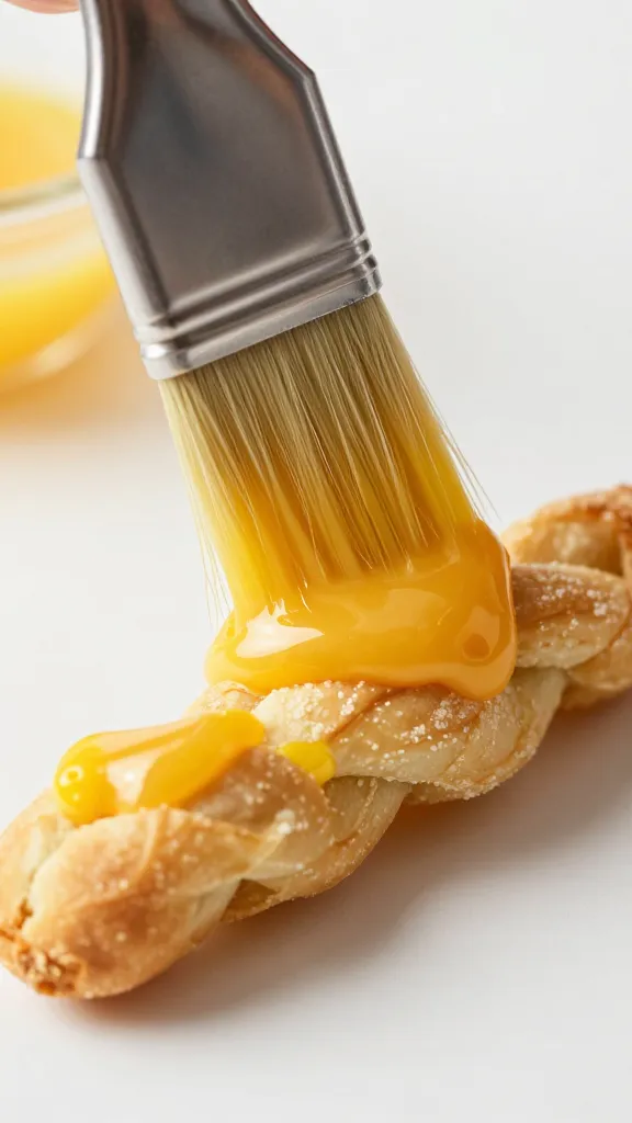 brush applying egg wash to one pastry twist macro