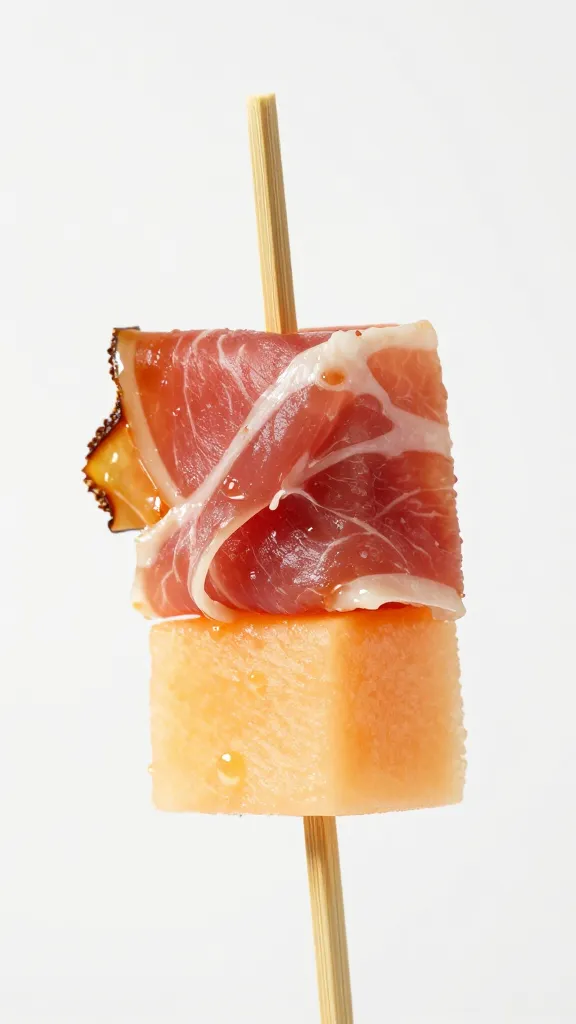 prosciutto-wrapped cantaloupe cube on bamboo skewer, closeup