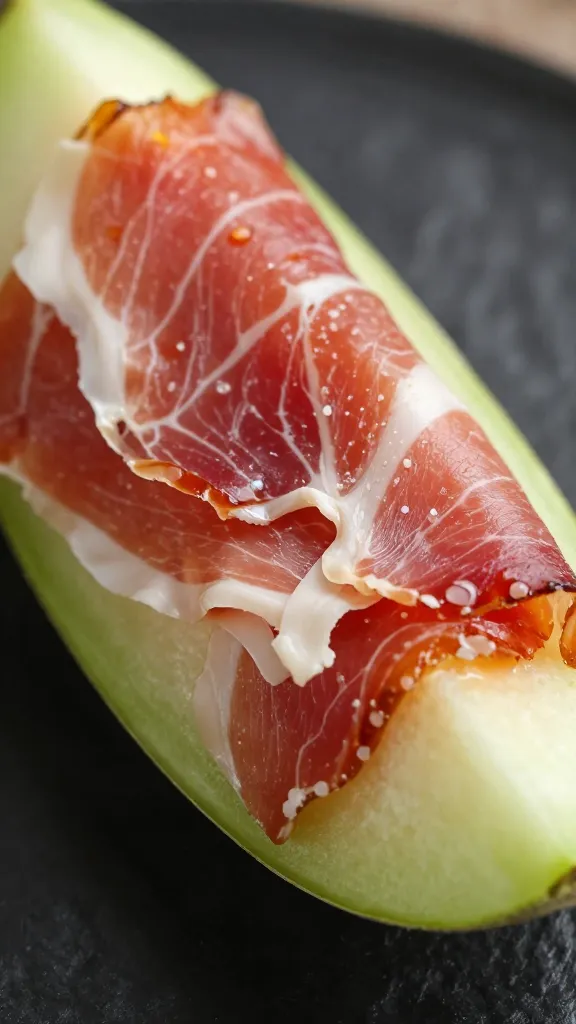 single honeydew wedge wrapped in prosciutto, macro shot