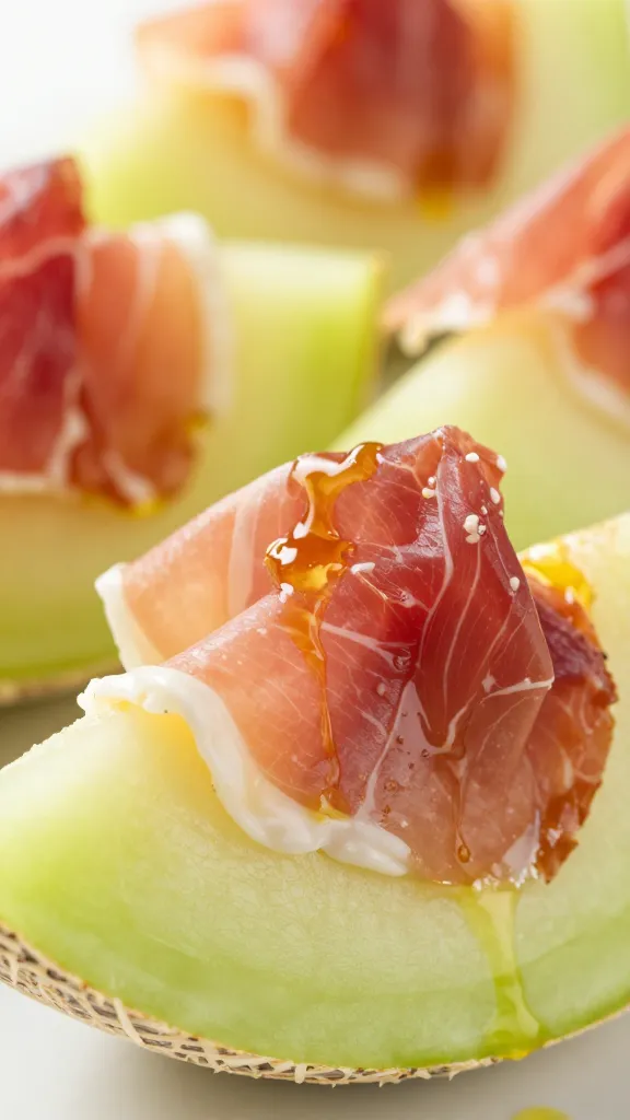 closeup of olive oil-drizzled prosciutto melon bite