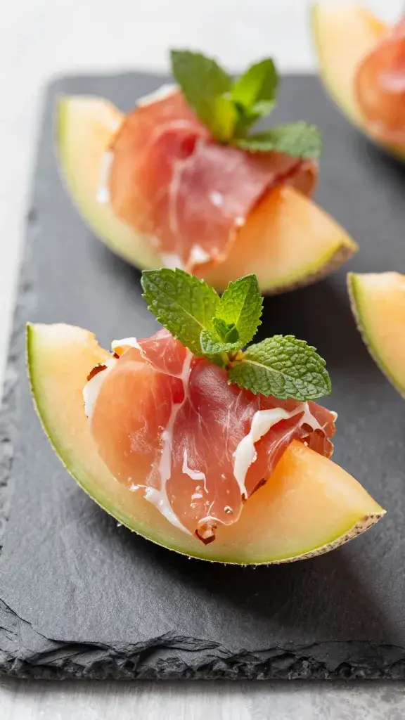 mint-garnished prosciutto melon bite on slate board, closeup