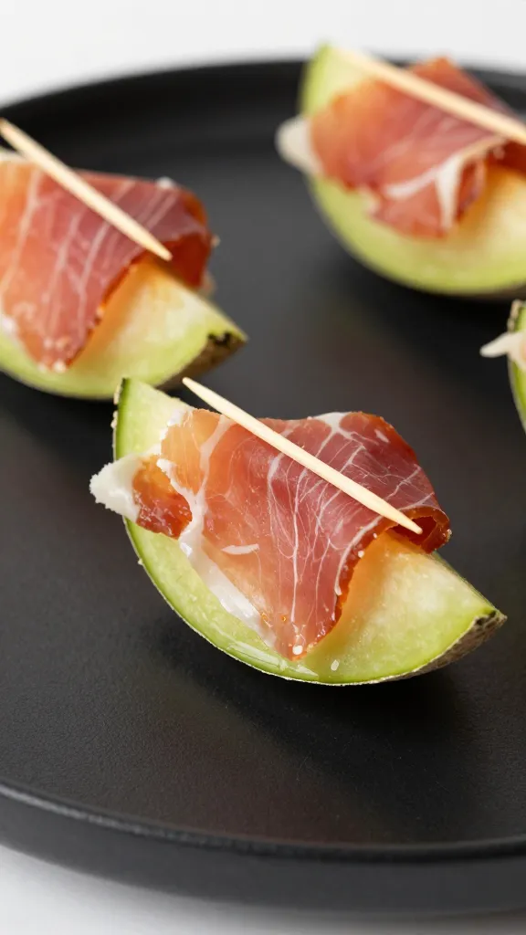 toothpick-pierced prosciutto melon bite on matte black plate