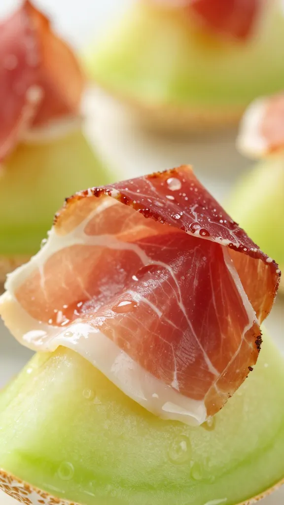 chilled prosciutto melon bite with condensation, extreme closeup