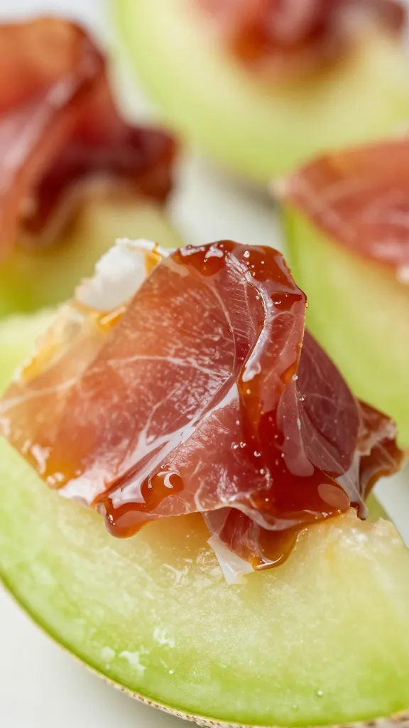 balsamic-glossed prosciutto melon bite, tight macro shot