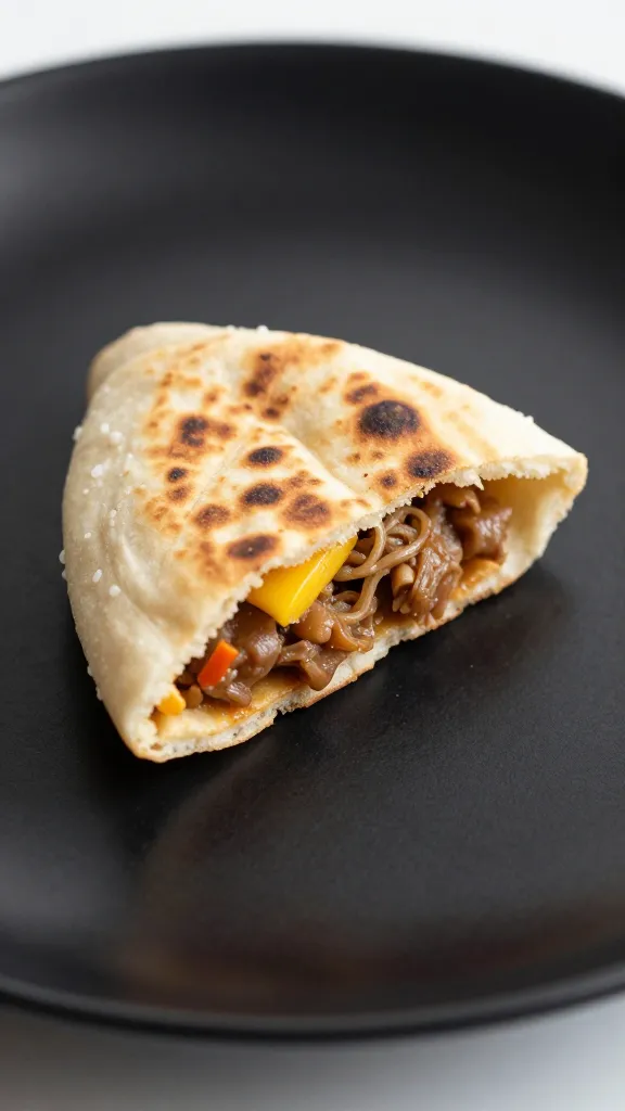 closeup mini lahmacun bite on matte black plate