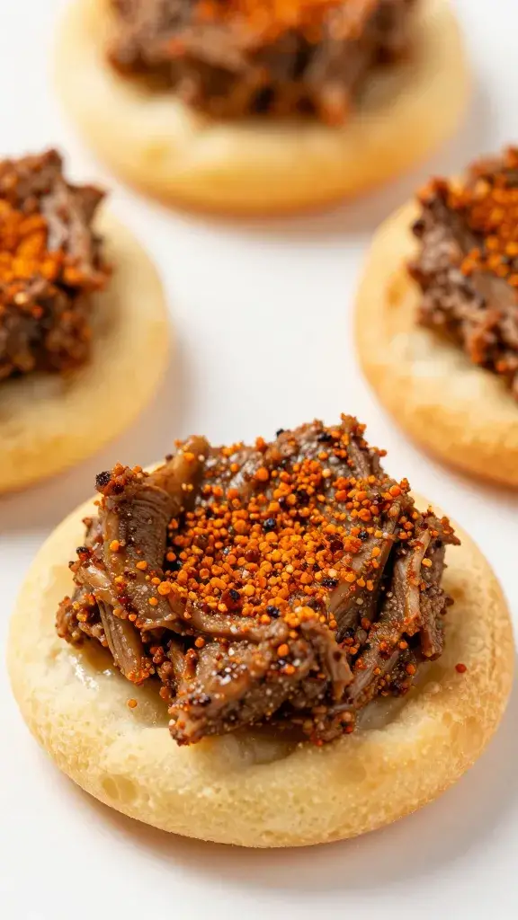 spiced lamb spread on tiny dough round, pre-bake closeup