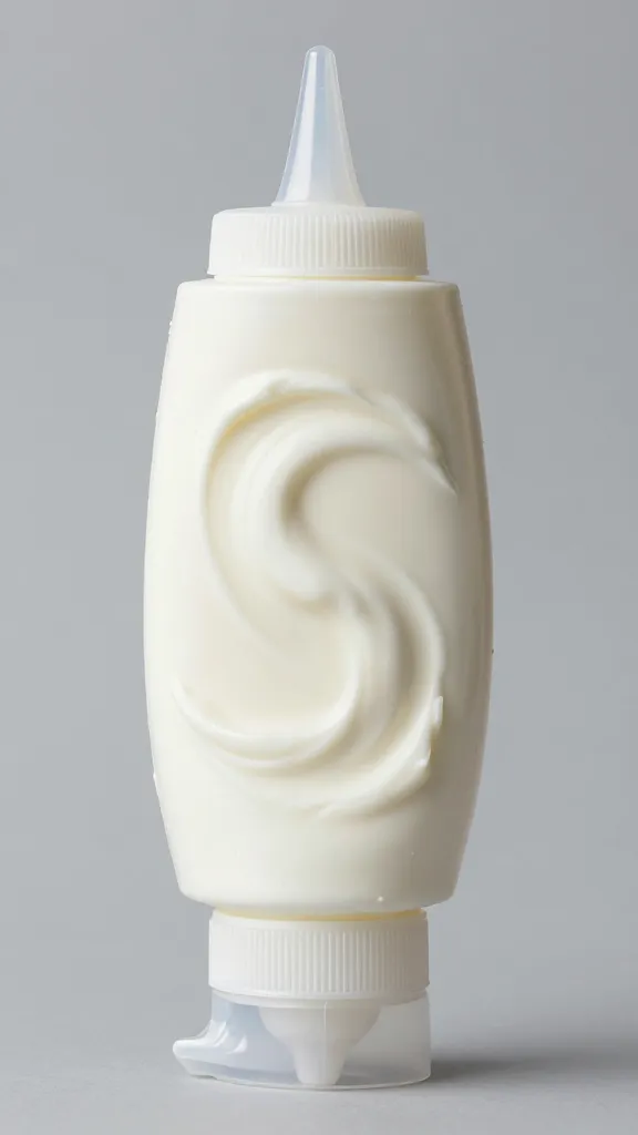 swirl of garlicky yogurt in squeeze bottle nozzle