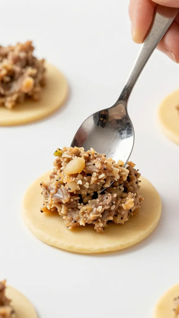 spoon spreading lamb mixture onto small dough disc
