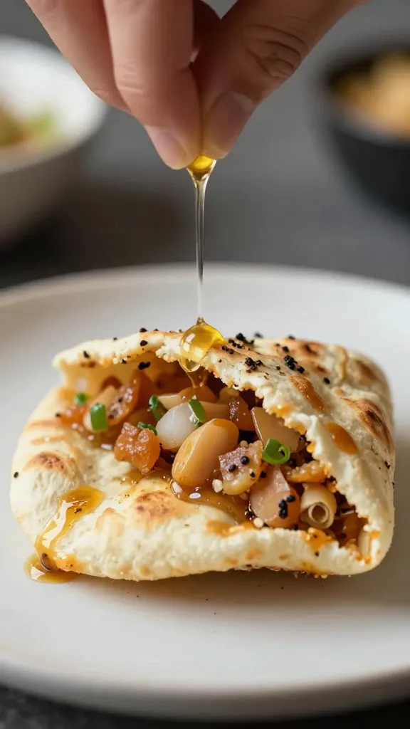 drizzle action shot over one mini lahmacun bite