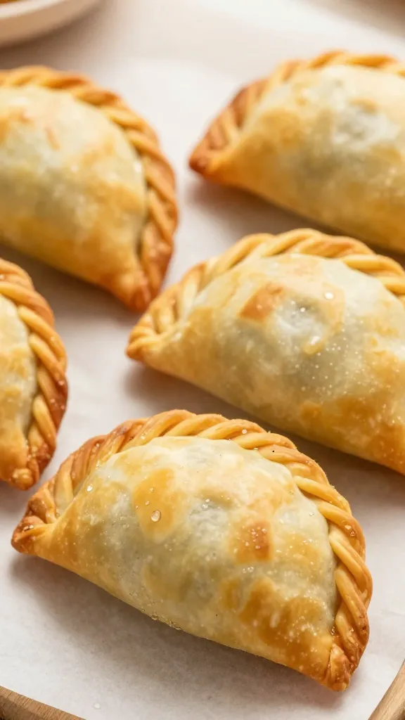 closeup of golden mini beef empanada on parchment