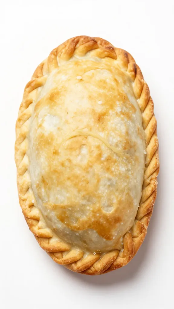 single chicken empanada with crimped edges, overhead